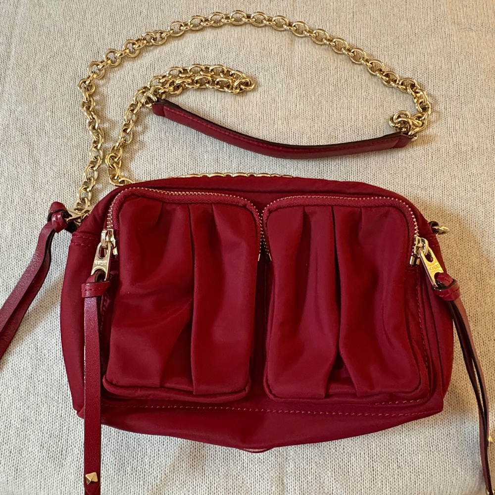 MZ Wallace Brick Red Crossbody with Gold Chain – Nylon & Leather Trim